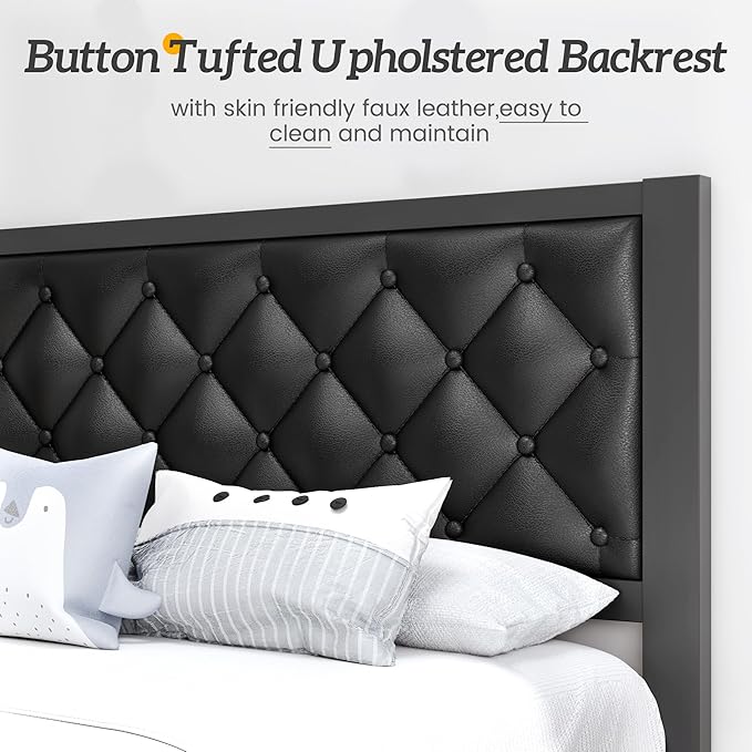 HISOFT Twin Bed Frame with Upholstered Button Tufted Headboard, Bed Frame Platform Metal Slats Support, Under Bed Storage, No Box Spring Needed, Noise-Free, Easy Assembly, Black