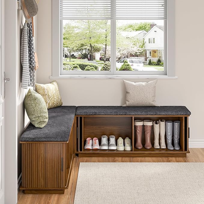 L Shaped Breakfast Nook Bench with Cushion, Kitchen Corner Bench with Hidden Storage, Backless Corner Dining Benches for Kitchen Dining Room Entryway