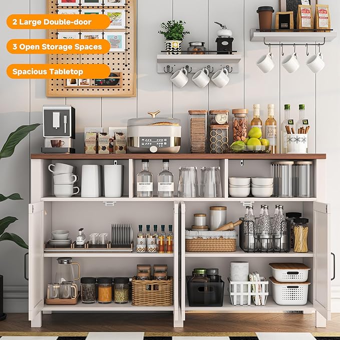 knoworld Buffet Sideboard with Storage Farmhouse with 4 Doors, 55'' Large Kitchen Storage Cabinet Wood Coffee Bar Cabinet Buffet Table with Shelves for Kitchen, Dining Room, Entryway
