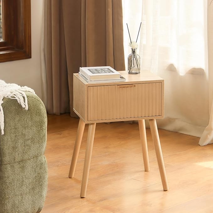 AWASEN Nightstand, Small End Tables Living Room, Accent Bedside Side Table with Fluted Drawer for Bedroom and Small Space, Rustic Walnut