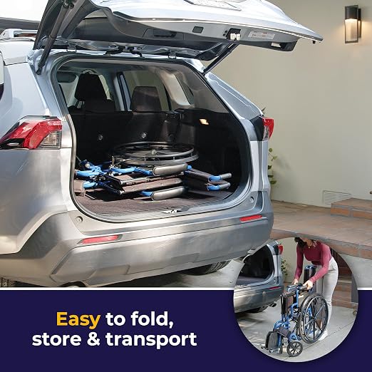 Drive Medical Blue Streak Lightweight Wheelchair - Portable Folding Mobility Aid - Swing-Away Footrests - Desk Arms - Durable Steel Frame - Easy Transport & Storage - 16-Inch Seat