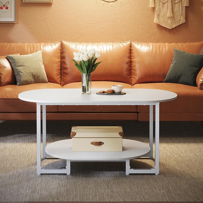 HOOBRO Coffee Table for Living Room, Oval Small Coffee Table with 2-Tier Open Storage Shelf, Industrial Cocktail Tea Table, Wooden Desktop Center Table, Farmhouse, Home Office, White WW09KF01