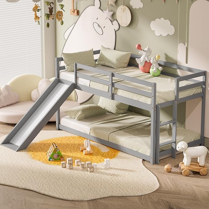 TOLEAD Low Bunk Bed with Slide, Floor Loft Bed with Climbing Ladder, Wood Twin Bunk Bed Frame with Full Guardrails & Storage Space for Kids Toddler