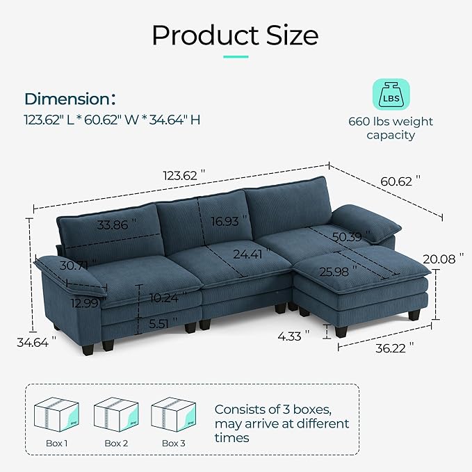 LINSY HOME 123" Modular L-Shaped Sectional Sofa, 3-Seat Corduroy Modern Cloud Couch with Deep Seat & 1 Movable Ottoman, Perfect for Living Room, Office, Bedroom, Blue