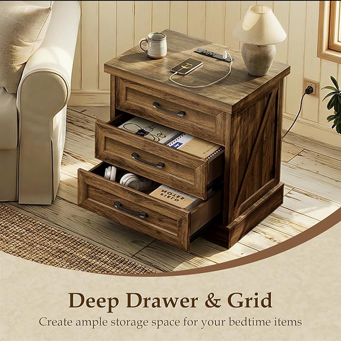 AODK 24 Inch Farmhouse Nightstand Set of 2, Bedside Tables with Charging Station, Large End Tables with 3 Drawers, Rustic Night Stands with Outlet and USB for Bedroom& Living Room, Light Walnut