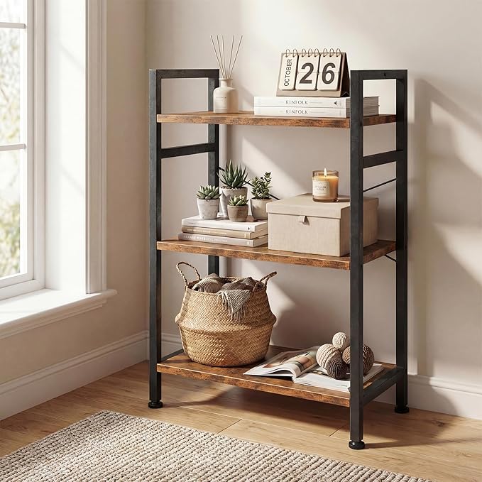 DUMOS 3 Tiers Open Bookshelf, Classic Freestanding Tall Display Shelf, Multifunctional Storage Organizer Rack for Living Room Home Office, Sturdy Bookcase for CDs/Books/Movies, Brown