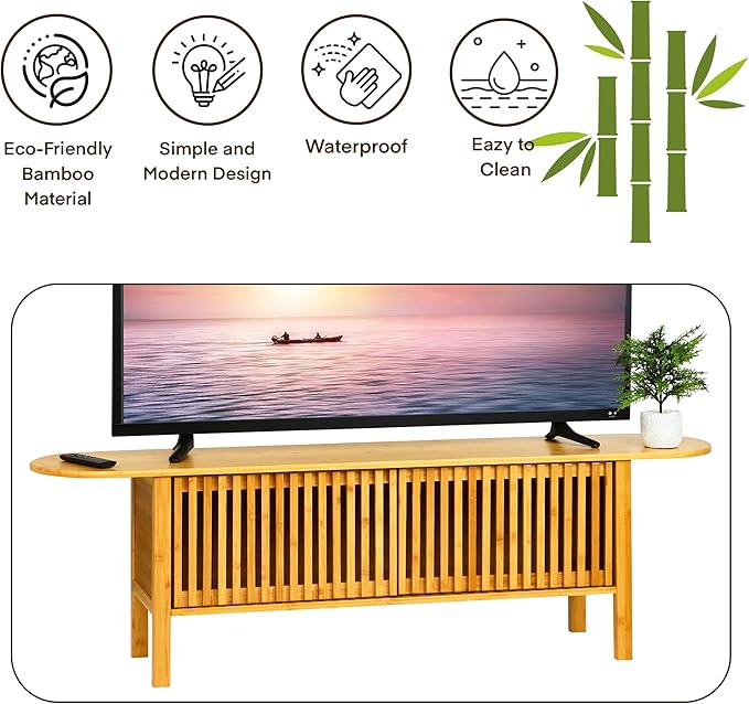 Bamboo TV Stand for TVs up to 65", Accent Entertainment Center with Storage, Media Console Table with Fence Door, Modern TV Stand for Living Room, Bedroom, 55"(L), Burlywood