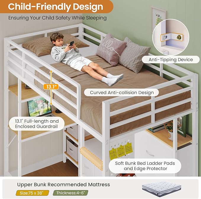 DICTAC Twin Loft Bed with 6 Storage Drawers,Coat Rack and Open Shelves Metal Twin Size Loft Bed with Desk,Charging Station and LED Light,loft beds with Large Pegboard,Stairs and Safety Guardrail,White