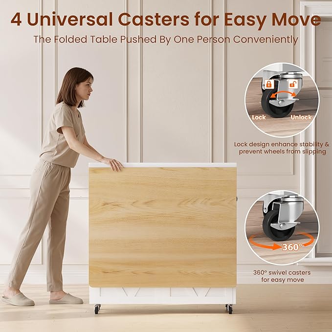Folding Dining Table for Small Spaces, Space Saving Foldable Kitchen Table with Drawer & Storage Shelf, Rolling Drop Leaf Dining Table with Wheels for Dining Room (Natual 47.2" x 23.6" x 29.5")