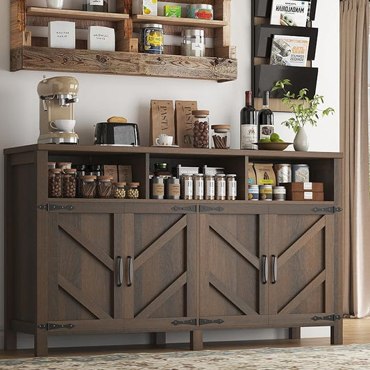 knoworld Buffet Sideboard with Storage Farmhouse with 4 Doors, 55'' Large Kitchen Storage Cabinet Wood Coffee Bar Cabinet Buffet Table with Shelves for Kitchen, Dining Room, Entryway (Brown, 55in)