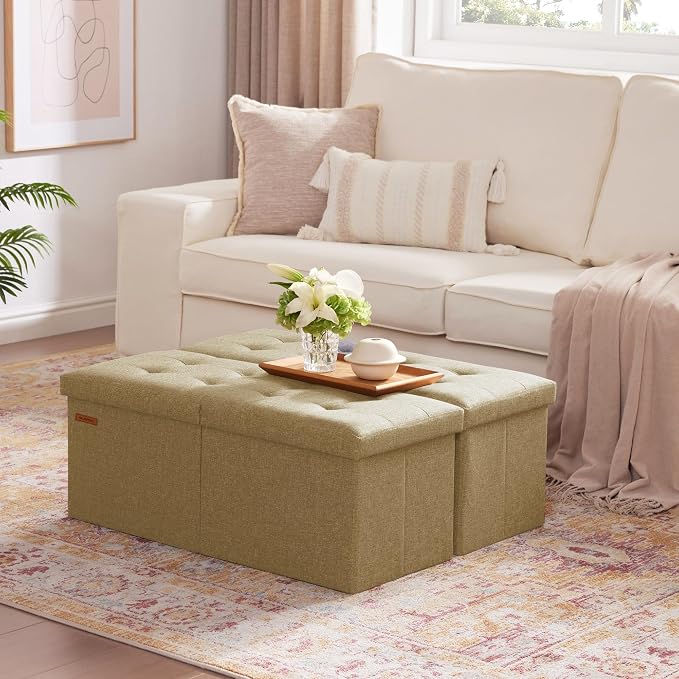 HAUSFRAU 31.5 Inches Ottoman with Storage Bench, Folding Ottoman Bench Small Foot Rest Stool, Bedroom Bench with Flipping Lid, Linen Kaki