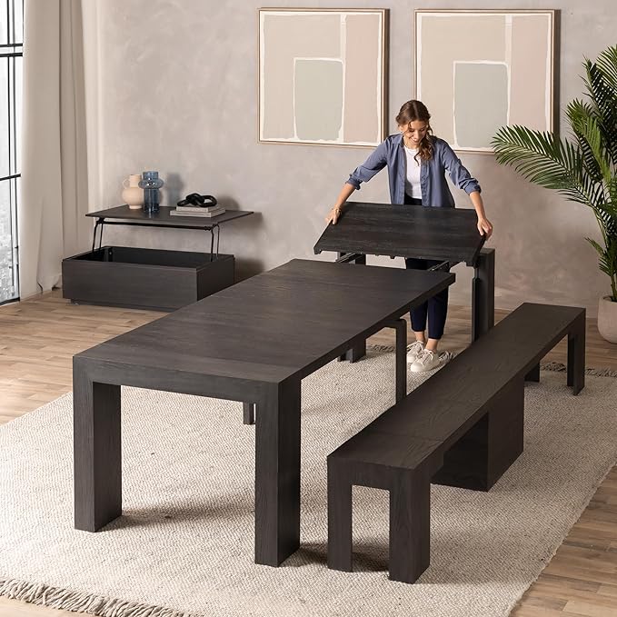 Transformer Table - Solid Wood Extendable Dining Table, Seats 2-12, Expandable Dining Room Table, Space-Saving Furniture, Kitchen and Dining Room Furniture (Black, Table + Bench + Coffee Table)