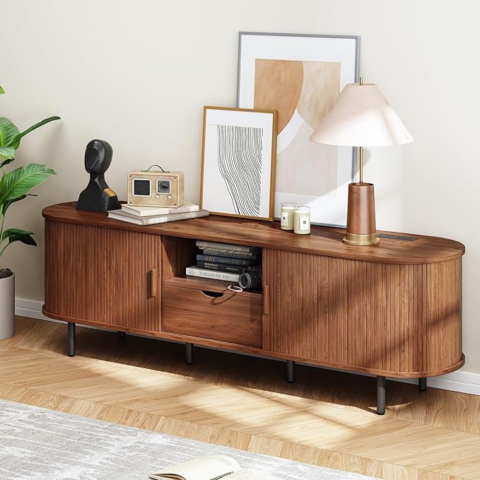 ONBRILL 69" TV Stand with Power Outlet for TVs up to 80", Entertainment Center with Storage and Drawer, TV Console with Adjustable Shelves and Sliding Door, TV Stand for Living Room, Bedroom, Walnut