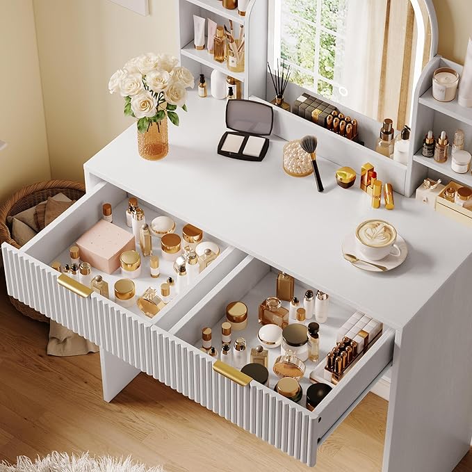 TOKSOM Makeup Vanity Desk with Mirror and Lights, White Vanity Table with 2 Drawers & Open Storage Shelves, Fluted Vanity Bedroom Makeup Dressing Table Set for Women Girls