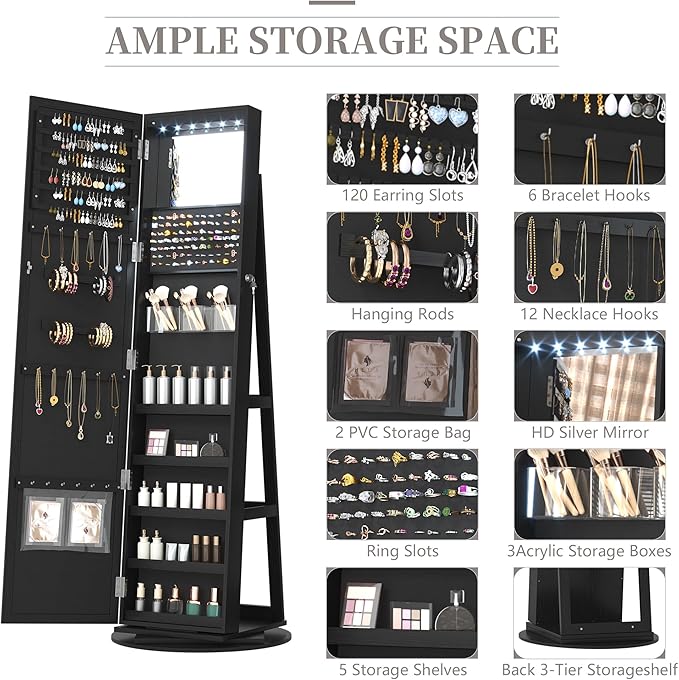 LVSOMT LED Mirror Jewelry Cabinet Standing, 360° Swivel Jewelry Organizers and Storage, Farmhouse Mirror with Jewelry Storage, Lighted Jewelry Armoire with Full Length Mirror (Coal Black)