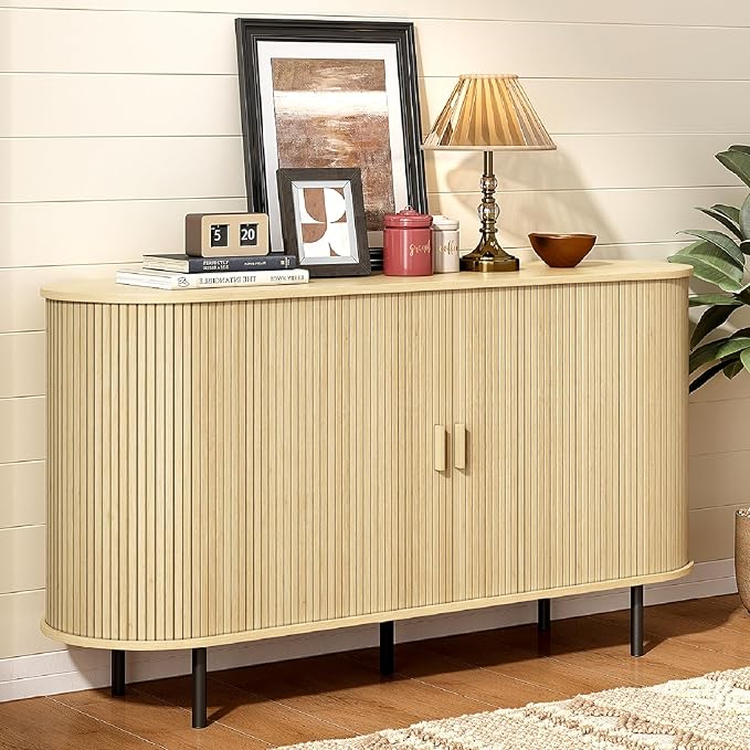 ONBRILL 55" Sideboard Buffet Cabinet with Storage, Sliding Door & Adjustable Shelf, Modern Accent Coffee Bar Console Table for Kitchen, Entryway, Oak