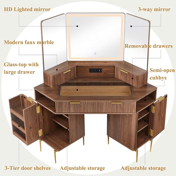 T4TREAM 48" Fluted Makeup Vanity Desk with HD Triple Mirror and Lights, Large Lighted Corner Vanity with Glass Top, Modern Dressing Table with 3 Drawers & 2 Cabinets for Bedroom, Light Walnut