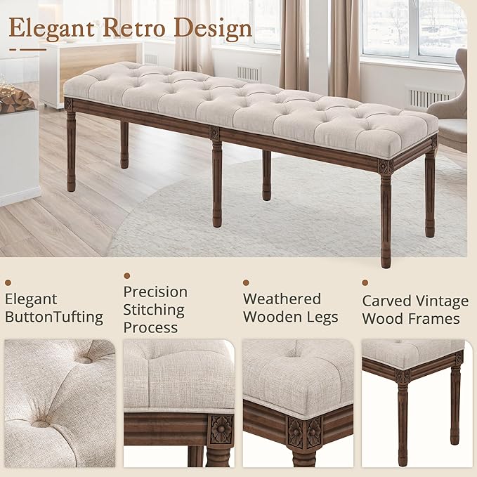 LUE BONA 60" Fabric End of Bed Bench, Upholstered Tufted French Bedroom Bench with Carved Dark Brown Legs for Bedroom End of King Size Bed, Living Room, Linen