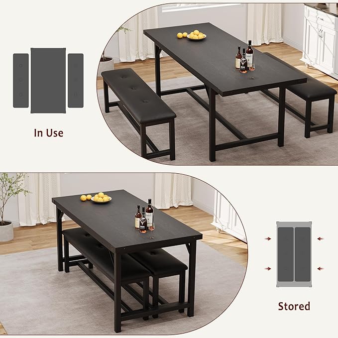 IDEALHOUSE 3 Piece Dining Table Set for 4-6, 63" Extendable Thick Metal Frame Kitchen Table with 2 Upholstered Benches Set for 6, Rectangle Wooden Dinette Table Set for Dining, Apartment, Retro Black