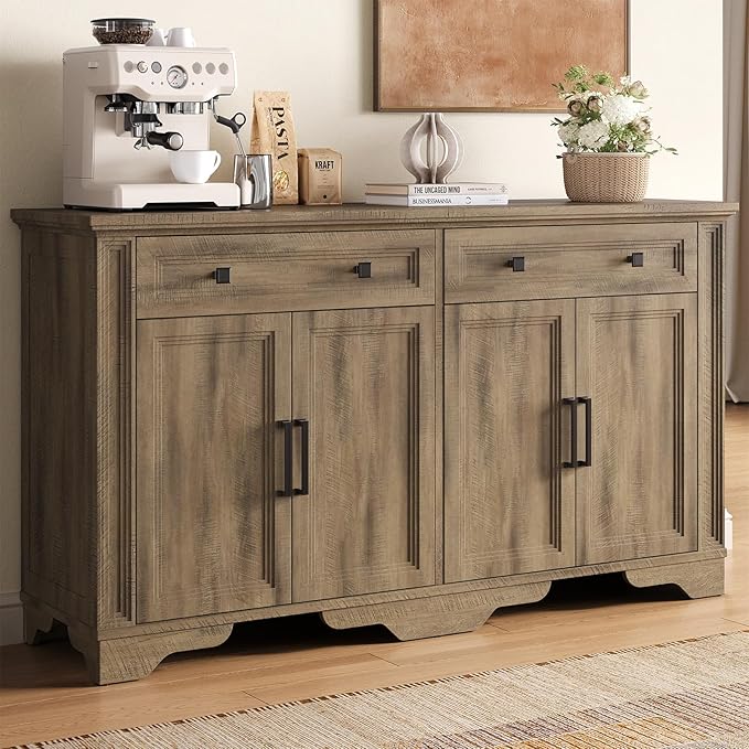 ONBRILL 55" Sideboard Buffet Cabinet, Kitchen Buffet Storage Cabinet, Large Credenza with Drawers & Doors, Wood Coffee Bar Console Wine Bar for Living Room Hallway Washed Brown