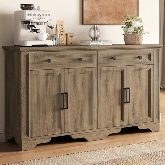 ONBRILL 55" Sideboard Buffet Cabinet, Kitchen Buffet Storage Cabinet, Large Credenza with Drawers & Doors, Wood Coffee Bar Console Wine Bar for Living Room Hallway Washed Brown