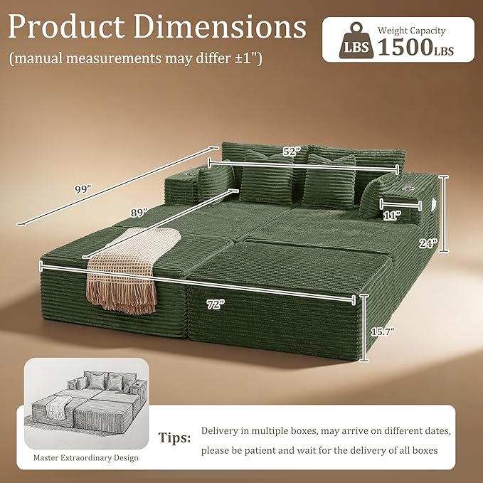 72" Cloud Sectional Couch, Comfort Sleep Sofa for Living Room, Extra Deep Seats No Assembly, Minimalist Modular Couch, Corduroy (Olive Green, Extend Loveseat Chaise)