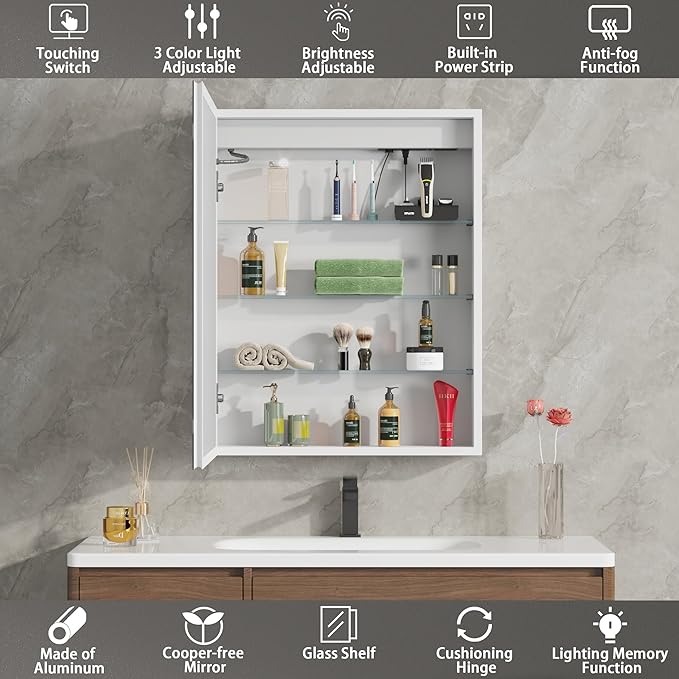 DEYGIA LED Medicine Cabinet with Mirror for Bathroom, Assembly-Free Lighted Medicine Cabinet, Defog, Stepless Dimming, 3 Colors, 2 Outlets, 2USB, Aluminum Wall Mounted Mirrored Cabinets, 24”Wx30“H