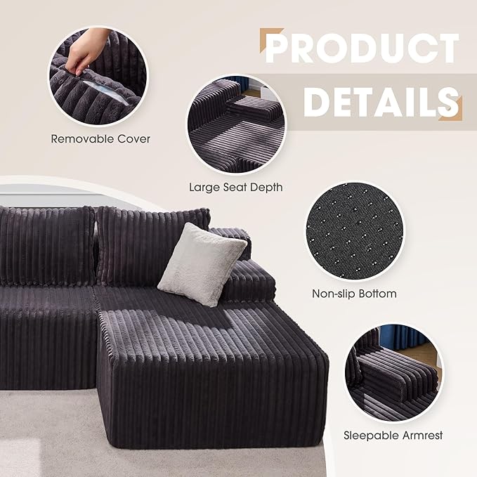 Hobestluk Modular Sectional Sofa Boneless Couch L-Shape Couch 3 Seat Modular Couch Memory Foam Sectional Couches for Living Room Furniture, Cloud Couch Lounge (Grey Stripe, 98" Right Facing Chaise)