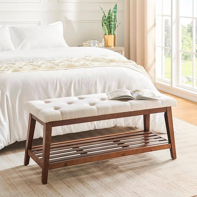 kinmars Upholstered Bench for Bedroom End of Bed,42.5-inch Entryway Bench for Living Room,Dining Bench with Padded Seat and Solid Wood Leg for Kitchen Bedroom,Indoor and Hallway (Shoe Bench, Beige)