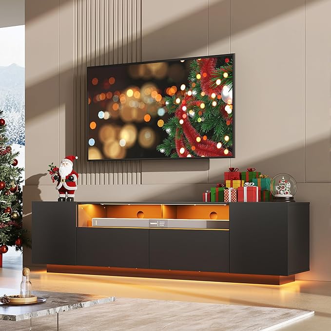 WLIVE LED TV Stand with Large Storage Cabinet, Modern Entertainment Center for 55/60/65/70/75 Inch TVs, Sturdy TV Console for Living Room, Bedroom,Rec Room(Black)