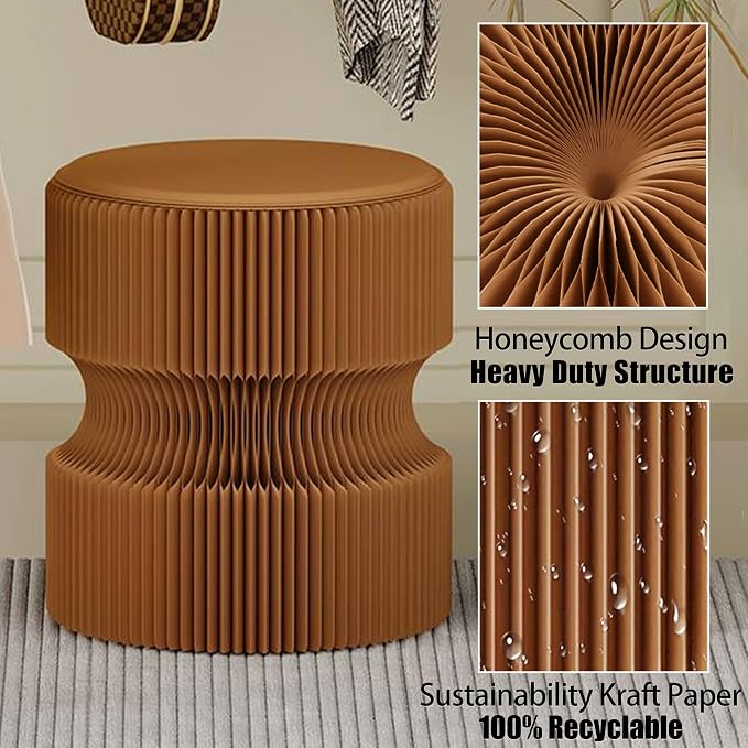 Accordion Folding Stool, Modern Kraft Paper Honeycomb Ottoman, Collapsible Portable Footrest Stool, Fold Up Under Desk Seat for Office Entryway Living Room Small Space (11 Inch, Brown)