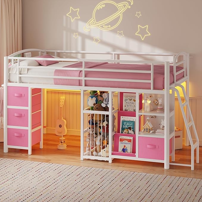 Low Loft Bed Twin Size with 4 Storage Drawers and LED Lights, Twin Loft Bed with Sling Bookcase & Toy Storage, Kids Twin Beds with Anti-Collision Pad & Play Curtain, Under-Bed Play Space, Pink+White