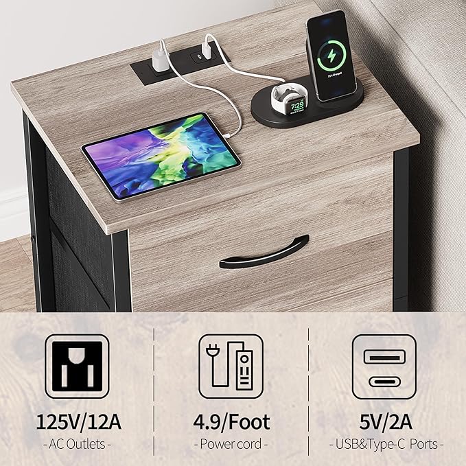 Vagusicc Nightstand with Charging Station, Bedside Table with USB Ports and Outlet, End Table Side Table with 2 Fabric Drawers for Bedroom, Living Room, Greige