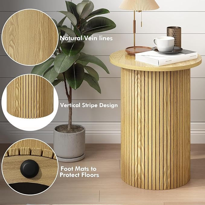 Wnutrees Round Fluted End Table, Small Accent Pedestal Side Table, Wood Fluted Nightstand Bedside Table for Living Room, Handcrafted Finish, Natural