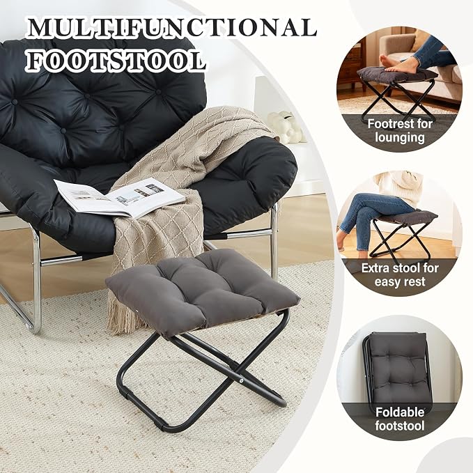 Welnow Folding Foot Stool, Upholstered Small Accent Ottoman with Detachable Thick Cotton Cushion, Padded Sofa Stool with Straight Metal Legs for Lazy Chair, Living Room, Bedroom, Dark Grey