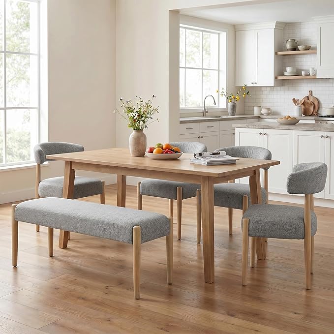VKNOW Upholstered Dining Room Set for 4, Mid-Century Modern Dining Chairs Set of 2 and Dining Bench with Rubberwood Legs, for Dining Room, Living Room, Kitchen, Gray