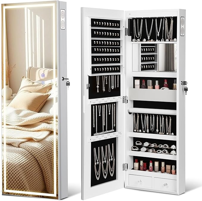 LED Mirror Jewelry Cabinet with Bluetooth Speaker ，Door/Wall Mounted,Equipped with Three Color Light Strips,Full-Length Illuminated Mirror,Jewelry Storage Function