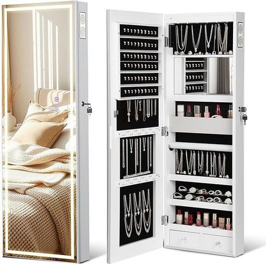 LED Mirror Jewelry Cabinet with Bluetooth Speaker ，Door/Wall Mounted,Equipped with Three Color Light Strips,Full-Length Illuminated Mirror,Jewelry Storage Function