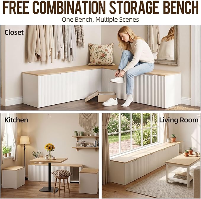 ZZW L Shaped Storage Bench, Modular Corner Dining Bench Seating, 63" Breakfast Nook Bench w/Hidden Storage, Safety Soft-Close Hinges, Dining Room, Kitchen, Living Room, Entryway Color Oak and White