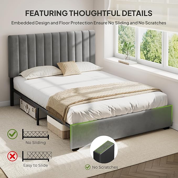 Welzona Upholstered Bed Frame Queen Size with Headboard, Fully Velvet Metal Platform Bed with Vertical Channel Tufted Headboard, 3-Level Height, Metal Slat Support, Noise-Free Easy Assembly, Grey