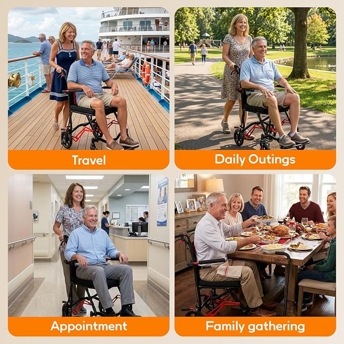 18LBS UIltra Lightweight Wheelchairs with Foldable Footrest and Armrests, Transport Wheelchair Lightweight Foldable with Handbrakes, Travel Transport Chair for Adults Seniors Kid, 1s Quick Folding
