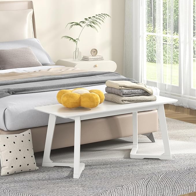 Giantex Entryway Bench, 42” Long Dining Bench with Rubber Wood Triangular Legs, 16” Wide Seat, 350 Lbs Capacity, Living Room, Bedroom, Hallway, Kitchen, White