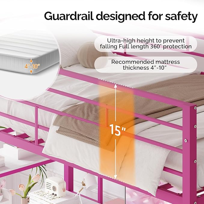 VINGLI Full Metal Loft Bed Frame with L-Shaped Desk, 15 Inches Guardrail, Non-Slip Ladder, 2 Charging Stations, 4 Drawers/Storage Shelves/LED Lights, for Kids Teens Adults, No Box Spring Needed, Pink