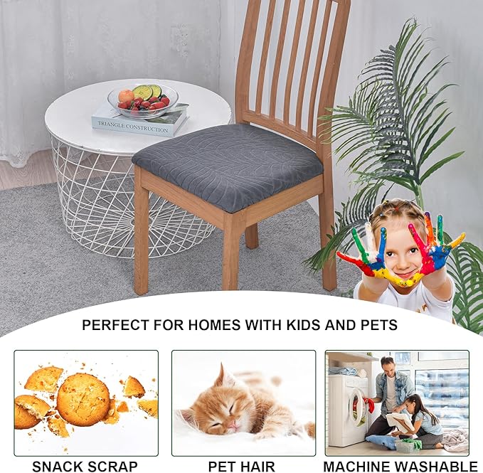 CRFATOP Waterproof Seat Covers for Dining Room Chairs Set of 4 with Stretch Bench Slipcover Jacquard Kitchen Chair Slipcover Washable Seat Cushion Slipcover for Hotel Banquet Wedding Party, Dark Grey