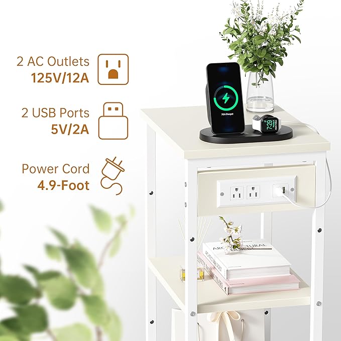 Asgolion Tall End Table with Charging Station, 3 Tier Narrow Tall Nightstand with Storage, Slim Side Table for Bedroom, Living Room, Nursery, Office, Cream White