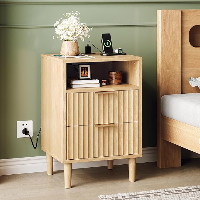 VINGLI Fluted Nightstand with Charging Station, Wood Nightstand with 2 Drawers Night Stand for Bedroom, Fluted Bedside Table/End Table/Side Table with Pine Wood Legs, Oak, 15.75" W*15.55" D*23.62" H