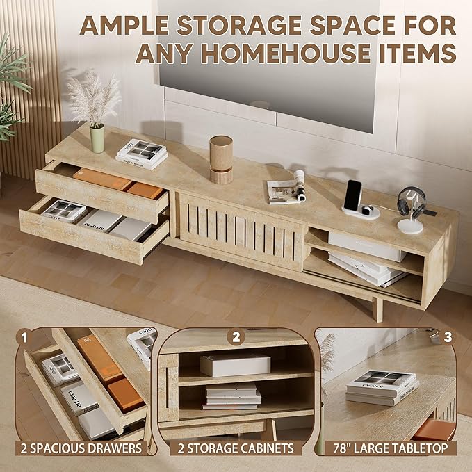 TV Stand for up to 85 Inch TVs, 78.7" Entertainment Center with Storage & Power Outlet, Mid Century Modern Media Console w Drawers and Sliding Door, Television Stands for Living Room, Natural