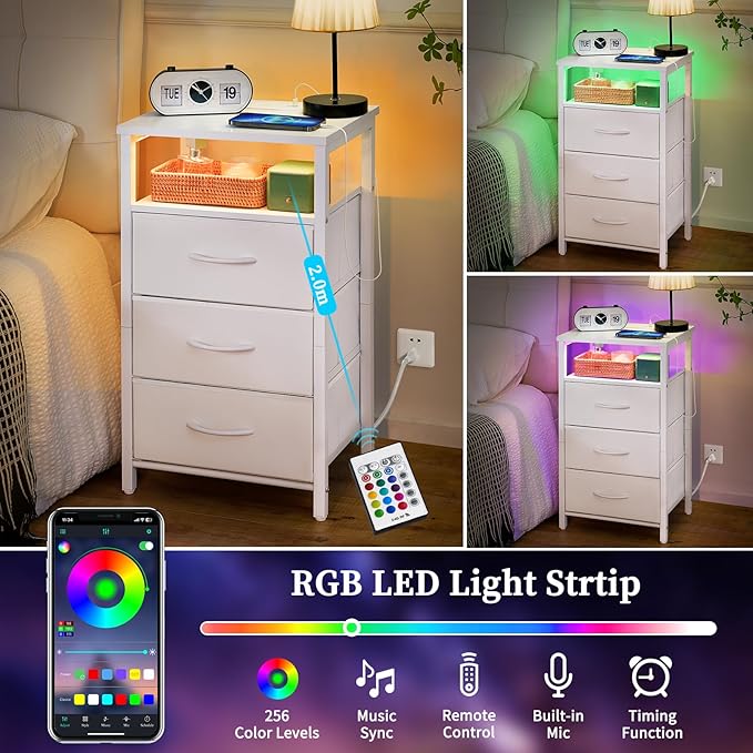 Yoobure Night Stand with Charging Station, 16 Colors LED Nightstand with USB Ports and Outlets, End Table with 3 Fabric Drawers and Storage Shelf, Bedside Tables Small Dresser for Small Space White