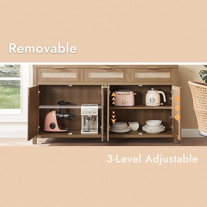HOKYHOKY 2 Piece Rattan Sideboard Buffet Cabinet, Boho Storage Cabinet with Adjustable Shelves, Farmhouse Credenza Coffee Bar Cabinets with Doors & Drawers for Living Room, Hallway&Kitchen