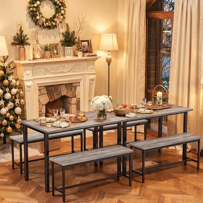 Dining Table Set for 4, Kitchen Table with 2 Benchs, Modern Functional 3-Piece Dining Room Table for Apartment Breakfast Nook and Samll Space, Grey